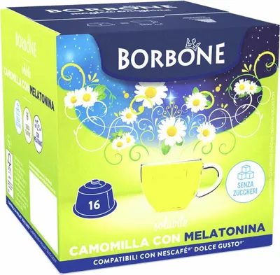 Image de Caffè Borbone Capsules pour boissons Camomille avec mélatonine, complément alimentaire, compatible avec Nescafè Dolce Gusto, 16 capsules