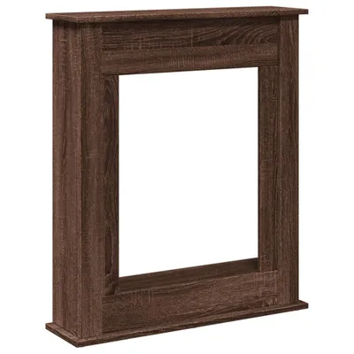 A product shot of a brown wooden fireplace surround on a white background.