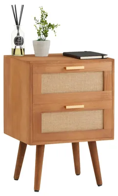 Produktbild von Nachttisch WAMAN mit 2 Schubladen, Nachtkommode aus Paulownia Holz und Jute Geflecht, Nachtschrank im Retro Design in braun, Boho