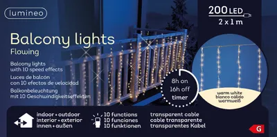 Produktbild von Lumineo Balkonbeleuchtung 220 LED 2x1 m warm weiß, transparentes Kabel
