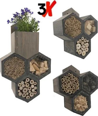 Produktbild von GARDEN SPIRIT Insektenhotel Set 3-teilig – Bienenhotel Hexagon Nisthilfe für Garten und Balkon