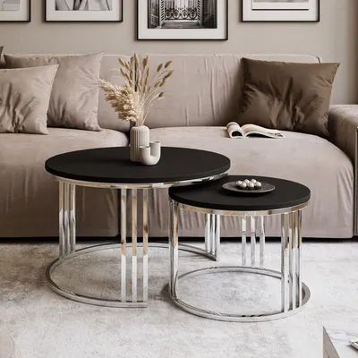 Productafbeelding van Ronde salontafel 2-in-1, model LORI, zilverkleurig chroom, mat zwart