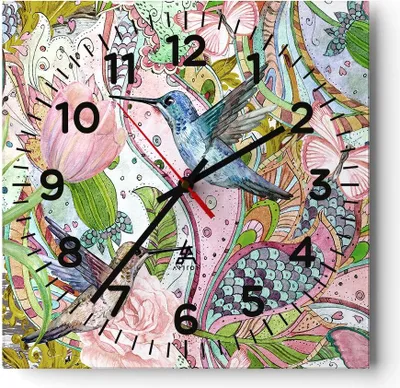 Produktbild von Wanduhr - Quadrat - Glasuhr - Vogel Schmetterling Blume - 40x40cm - Schleichendes Uhrwerk - Lautlos - zum Aufhängen bereit - Dekoration Modern - Wanddekoration aus Glas - C4AC40x40-4065