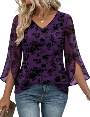 Produktbild von Damenbluse mit 3/4-Ärmeln, V-Ausschnitt und Chiffon-Tunika – Lila