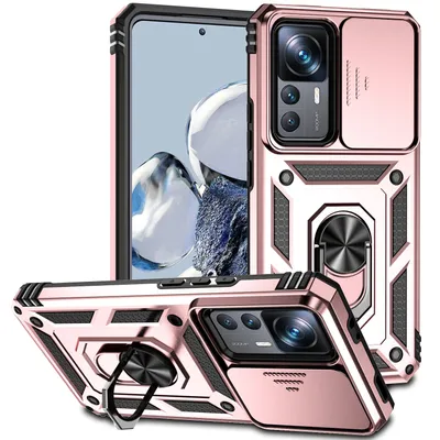 Immagine prodotto di Custodia per Xiaomi 12T / 12T Pro / Redmi K50 Ultra a doppio strato con copertura scorrevole della fotocamera e supporto ad anello Rosa