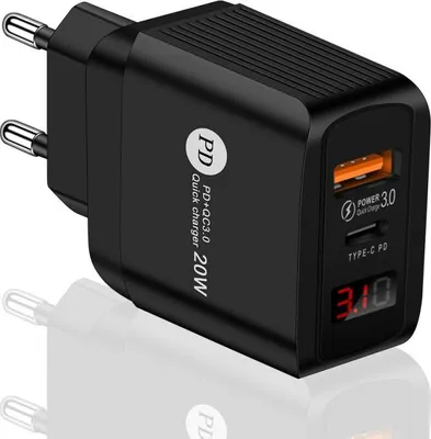 Produktbild von Handy Ladekopf PD 20W+QC 3.0 Digital Display Dual Port Schnell Ladegerät Black_EU