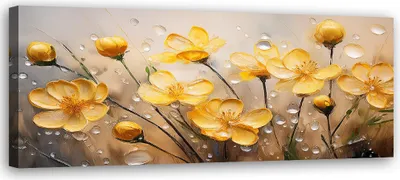 Produktbild von Leinwandbild Gelbe Blumen Pflanzen Tautropfen 90x30 Feeby Gelb bild für die wand bereit zum aufhängen