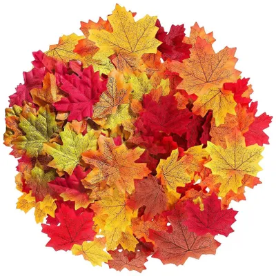 Image de 300 feuilles d'érable artificielles - feuilles d'érable d'automne, feuilles d'automne colorées, décoration en 6 couleurs, feuilles d'érable artificielles, décoration pour les fêtes d'intérieur telles que Halloween, Thanksgiving et les mariages.