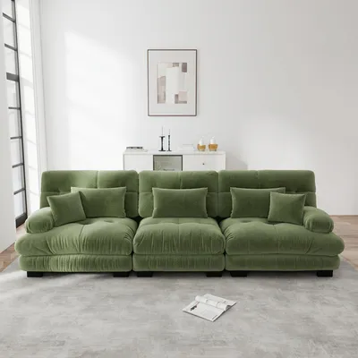 Obrázek produktu pro Třímístná čalouněná pohovka MODFU se 2 bederními polštáři a 2 dekorativními polštáři, pohovka typu lounge z chenille, bez podnožky, modulární pohovka, zelená