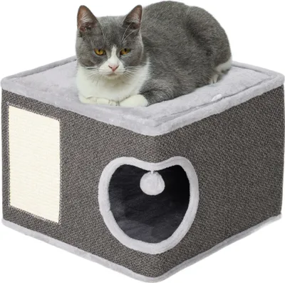 Produktbild von PawHut Kratztonne, 35 cm hoch Katzentonne mit Höhle, Kratzbaum mit Spielball, Katzenturm aus Sisal, für Katze bis 6 kg, Dunkelgrau+Cremeweiß