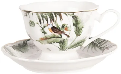 Obrázok produktu pre Clayre & Eef – porcelánová šálka na kávu s tanierikom s motívom vtákov, Ø 15 x 7 cm, 0,2 l