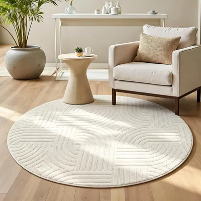Obrázek produktu pro Kulatý koberec do obývacího pokoje, průměr 120 cm, béžový, s krátkým vlasem a geometrickým vzorem