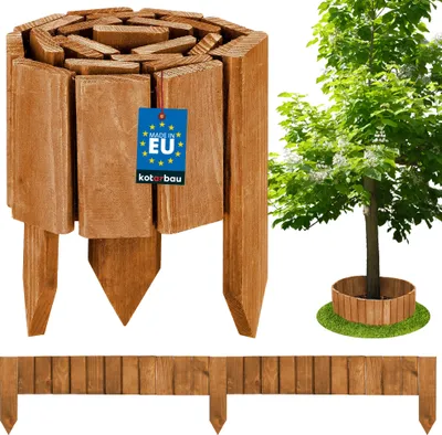Produktbild von KOTARBAU® Rollborder 10 x 110 cm Eichenfarbe zuschneidbar Beetumrandung Holz Beeteinfassung aus Kiefernholz Palisadenzaun Holzzaun klein Beetbegrenzung Palisaden Deko Zaun Holz Steckzaun Vorgartenzaun