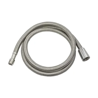 A coiled stainless steel shower hose with connectors on both ends, presented on a white background.