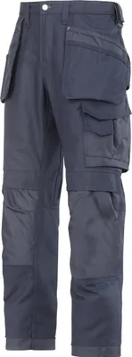 A pair of navy blue work pants with multiple pockets.