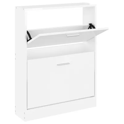 A white shoe cabinet with two open compartments.