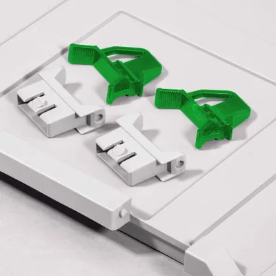 Produktbild von SparSet 10x Scharnierdeckel Verschluss-Pack für Eurobox NextGen | 2 grüne Schiebeschnappverschlüsse & 2 Scharnierbeschläge