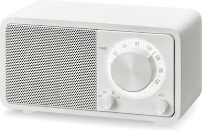 A white Sangean WR-7 mini table radio with a silver tuning dial and control knobs is shown against a white background.
