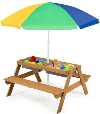 Produktbild von GOPLUS Kindersitzgruppe mit Sonnenschirm, 3 in 1 Kinder Picknicktisch mit Abnehmbarer Tischplatte & 2 Aufbewahrungsboxen & Bänke, Kindersitzgarnitur aus Holz für Garten und Terrasse (Gelb+Grün+Blau)