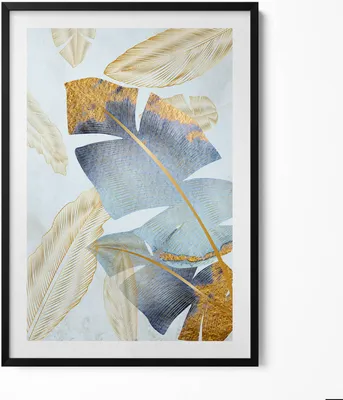 Produktbild von Glamour-Bananenblätter mit Gold– Wandbild mit Rahmen – Gerahmtes Bild  – Wanddekoration – 70x100 cm –  Schwarz Rahmen