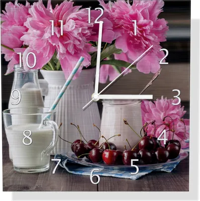 Produktbild von Wallario Design Wanduhr Milch mit Kirschen zum Frühstück mit rosa Blumenarrangement aus Aluverbund, Größe 30 x 30 cm