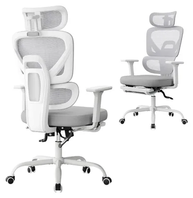 Obrázek produktu pro Ergonomická kancelářská židle – židle k psacímu stolu – s nastavitelnou výškou – s nastavitelnou opěrkou hlavy – s potahem z prodyšné tkaniny – s podloketníky – s kolečky – šedá barva