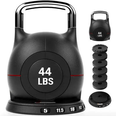 Obrázek produktu pro Nastavitelná kettlebell – 7 v 1 – váha 20 kg – rychlé nastavení otočným knoflíkem – bezpečnostní zámek – úsporný design – černá barva