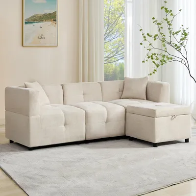 Produktbild von Ecksofa L-Form mit Stauraum, abnehmbarer Fusshocker, 2 Kissen, 204 x 126 x 69 cm, Beige