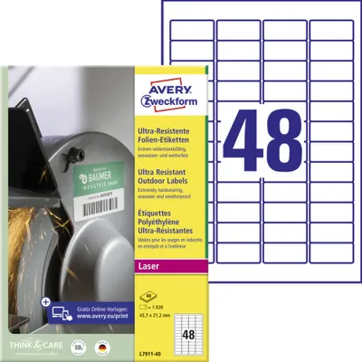 Produktbild von Avery Zweckform L7911-40 Ultra-Resistente Folien-Etiketten, 45,7 x 21,2 mm, 40 Bogen/1.920 Etiketten, weiß