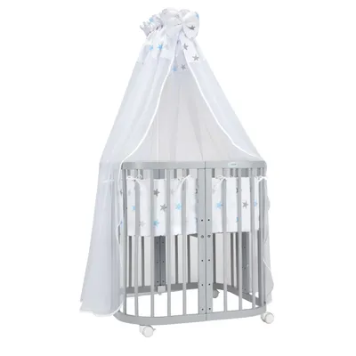 Image de Lit mobile pour bébé en bois 7en1 avec matelas, évolutif,tissus étoiles bleu,bois gris