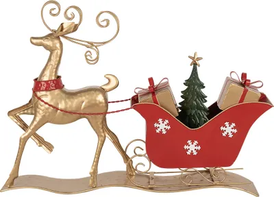 A golden reindeer pulling a red sleigh filled with gifts and a Christmas tree.