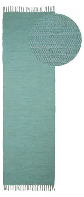 Produktbild von Flickenteppich Kelim Chindi Uni Läufer Türkis 80x400 cm, handgewebt | Fleckerlteppich aus Baumwolle für Wohnzimmermit Fransen