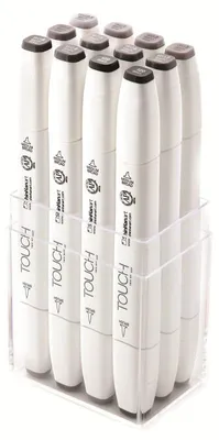 Imagen del producto de Rotuladores de punta doble (brush y cincel) a base de alcohol, color gris cálido, set de 12 unidades