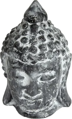 A close-up, front-facing view of a decorative Buddha head statue.