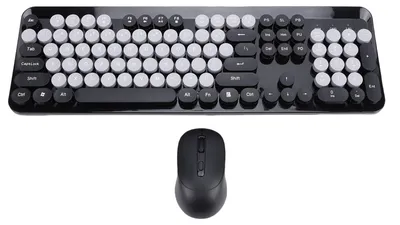 Obrázok produktu pre Bezdrôtová roztomilá klávesnica a myš, 104 klávesov, v štýle písacieho stroja, retro klávesnica s okrúhlymi klávesmi pre PC, notebooky a stolné počítače, čierna