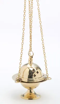 Produktbild von Weihrauchfass mit Kette zum Hängen aus Messing Gold Höhe 11 cm mit Innenschale aus Stahl für die Räucherkohle