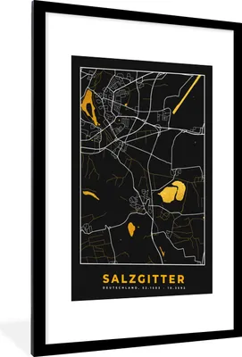 Produktbild von MuchoWow® Gerahmtes Poster Salzgitter - Gold - Stadtplan - Karte - Deutschland 60x90 cm - Poster mit Schwarzem Bilderrahmen Wandposter Rahmen Foto Bilder - Dekoration - Wandposter Wohnzimmer - Hochwertig