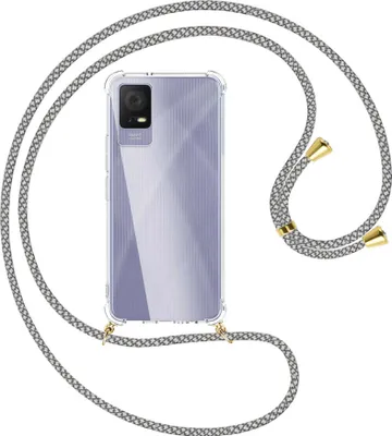 Produktbild von Handykette Backcover-Schutzhülle mit Band (Metall goldfarben) für TCL 405 (T506D, 6.6'') - weiß/grau kariert