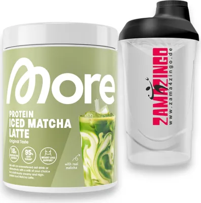 Produktbild von More Protein Iced Matcha Latte 300 g | Cremiger Matcha-Genuss mit Protein, Koffein & Glucomannan | Ideal für Fitness & Alltag + Gratis Zama4zingo Protein Shaker 600ml (1er Pack, Iced Matcha Latte)