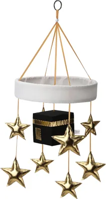 Produktbild von Zayno® Religiöses Mobile "Kaaba mit Sternen" in Gold | Windspiel für Krippe, Babybett, Einschlafhilfe, Geschenk, Geburt, Islam