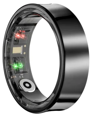 A close-up, studio shot of a smart ring.