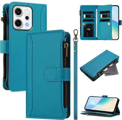 Image de Etui pour Oppo Reno14, zippé, portefeuille Etui à rabat en cuirPolyuréthaneavec poches pour cartes, support et dragonne Lake blue