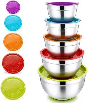 Produktbild von 5-teilige Rührschüssel Set mit Luftdichtem Deckel und Rutschfester Basis - Spülmaschinenfest