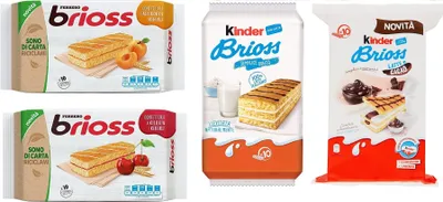 Produktbild von Testpaket Ferrero Kinder Brioss Albicocca Ciligia Cacao und Latte kuchen 4 Packung mit 10 Snacks, 280 g + Italian Gourmet polpa 400g