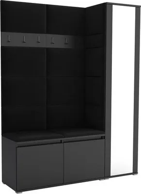 Produktbild von Garderoben-Set Noris VII mit Spiegel, gepolsterte Garderobe 145 cm, Flurmöbel mit Wandpaneelen, Schuhtruhen und Stauraum (Farbe: Schwarz + Trinity 16)