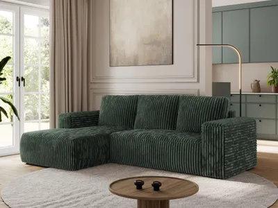 Produktbild von MKS MEBLE Sofa mit Schlaffunktion - Ecksofa mit Schlaffunktion und Bettkasten - Sofa 3 Sitzer - Schlafsofa - Couch - Schlafsofa mit Bettkasten - Trentino L - Grün Cord - Links