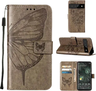 Produktbild von Google Pixel 6 Pro Hülle, Schmetterling Prägung Flip Leder Kartenfächer Schutzhülle Ledertasche mit Ständer für Google Pixel 6 Pro Grau