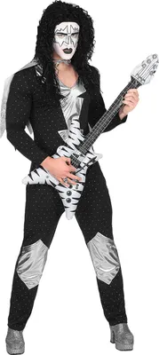 A man in a rock star costume holding a guitar.