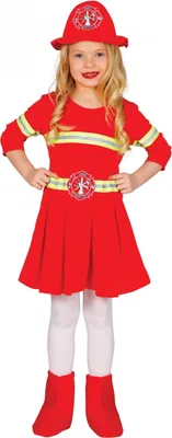 A young girl dressed in a firefighter costume.