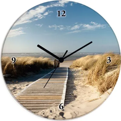Produktbild von ARTland Glas Wanduhr Funkuhr - schwarzer Zeiger Nordseestrand auf Langeoog - Steg Größe: 30x30 cm